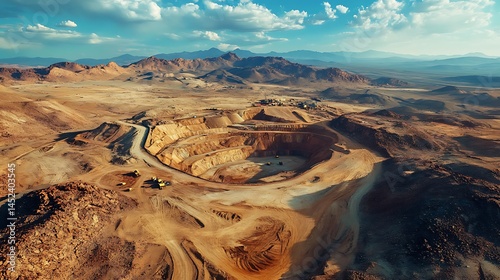 Expansive Background of Remote Desert Gold Mining Site With Large-Scale Excavation Equipment and Operational Infrastructure in View