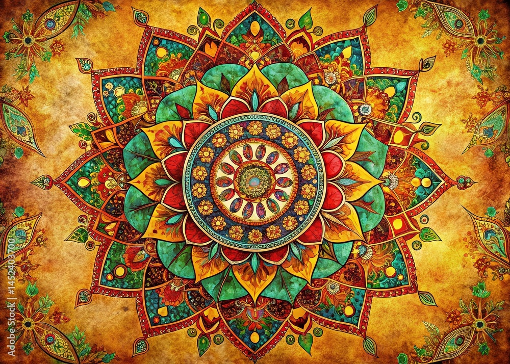 Obraz premium Vibrant Mandala Vintage Art: Panoramic Indian Vedic Design, PNG Illustration