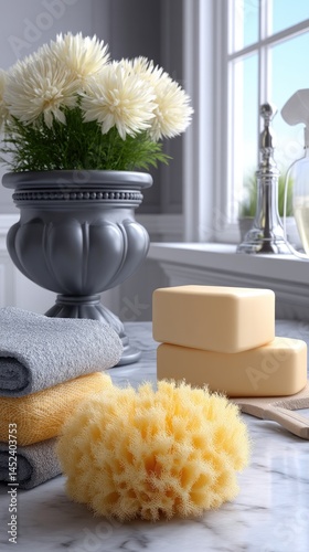 Gray marble kitchen sink features water, yellow rubber gloves, and cleaning supplies beside an old shelf against a white wall