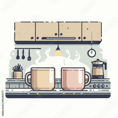 Two steaming mugs on kitchen stove