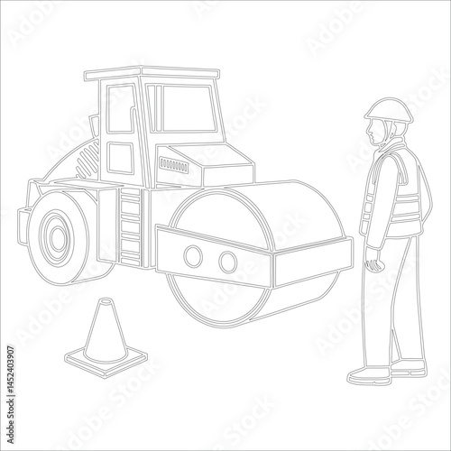 Female Asphalt Paver Operator Engineer in Hard Hat at Industrial Highway Construction Site Roadwork, Safety, Machinery, and Team Collaboration Line Art