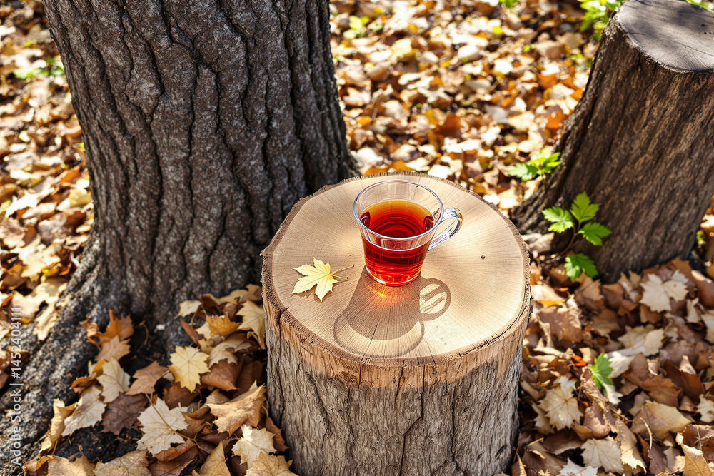 Fototapeta premium glass of tea rests on a wooden stump amid fallen autumn leaves.