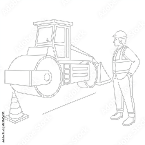 Female Asphalt Paver Operator Engineer in Hard Hat at Industrial Highway Construction Site Roadwork, Safety, Machinery, and Team Collaboration Line Art