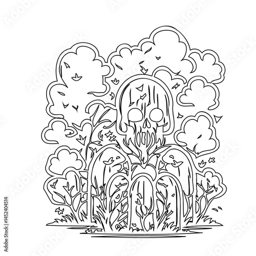 Illustrative Skull and Gravestone Motif Amidst Cloudscape and Flora Line Art