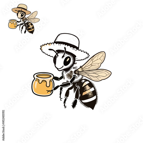 outline sketch of honey bee wearing straw hat and carrying honey, flirty chibi style