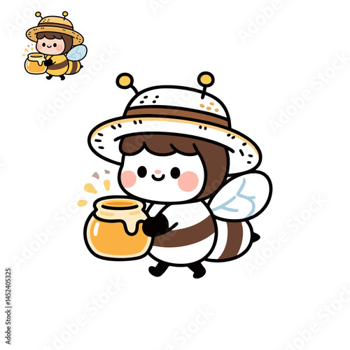 outline sketch of honey bee wearing straw hat and carrying honey, flirty chibi style