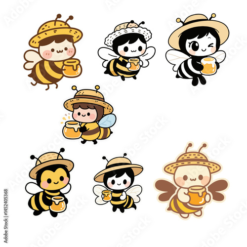 outline sketch of honey bee wearing straw hat and carrying honey, flirty chibi style