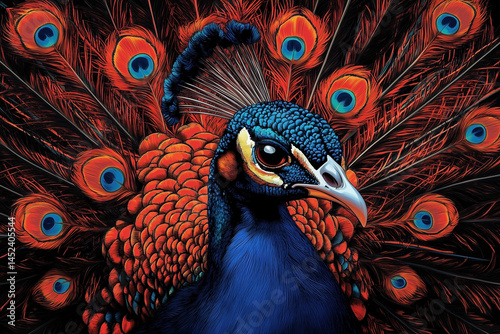 Illustration of a multi colored peacock close up