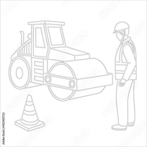Female Asphalt Paver Operator Engineer in Hard Hat at Industrial Highway Construction Site Roadwork, Safety, Machinery, and Team Collaboration Line Art