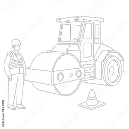 Female Asphalt Paver Operator Engineer in Hard Hat at Industrial Highway Construction Site Roadwork, Safety, Machinery, and Team Collaboration Line Art