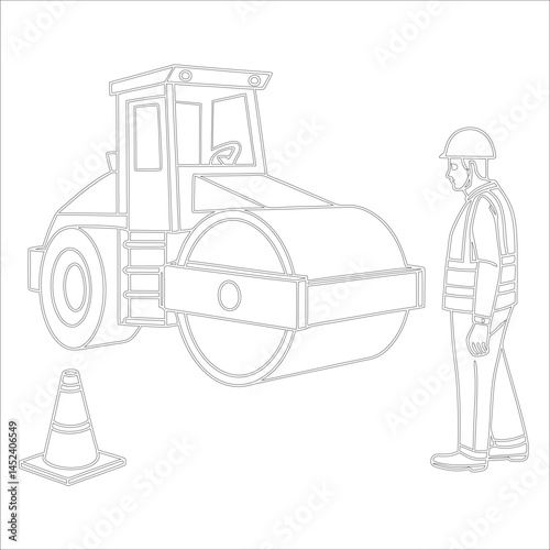 Female Asphalt Paver Operator Engineer in Hard Hat at Industrial Highway Construction Site Roadwork, Safety, Machinery, and Team Collaboration Line Art