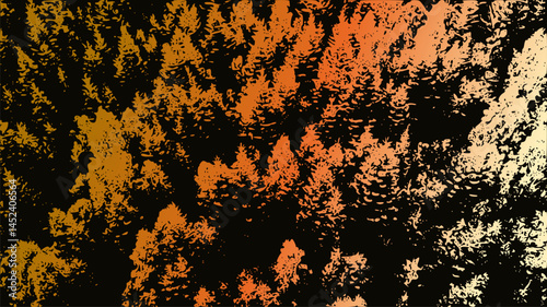 An abstract aerial view of a forest canopy with a warm color gradient, transitioning from gold to orange and black, capturing the beauty of the autumn season. The image emphasizes textures and pattern