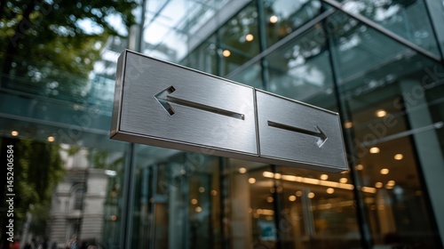 Directional Metal Sign with Arrows in Modern Urban Environment
