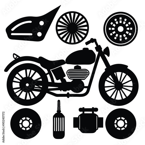Motorcycle Parts Diagram Silhouettes of Engine, Wheels, and Body Components