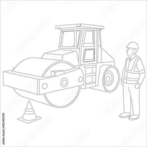 Female Asphalt Paver Operator Engineer in Hard Hat at Industrial Highway Construction Site Roadwork, Safety, Machinery, and Team Collaboration Line Art