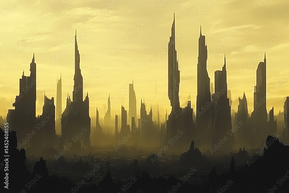 A silhouette of a futuristic cityscape with tall buildings and slender spires. A silhouette of a futuristic cityscape with tall buildings and slender spires.