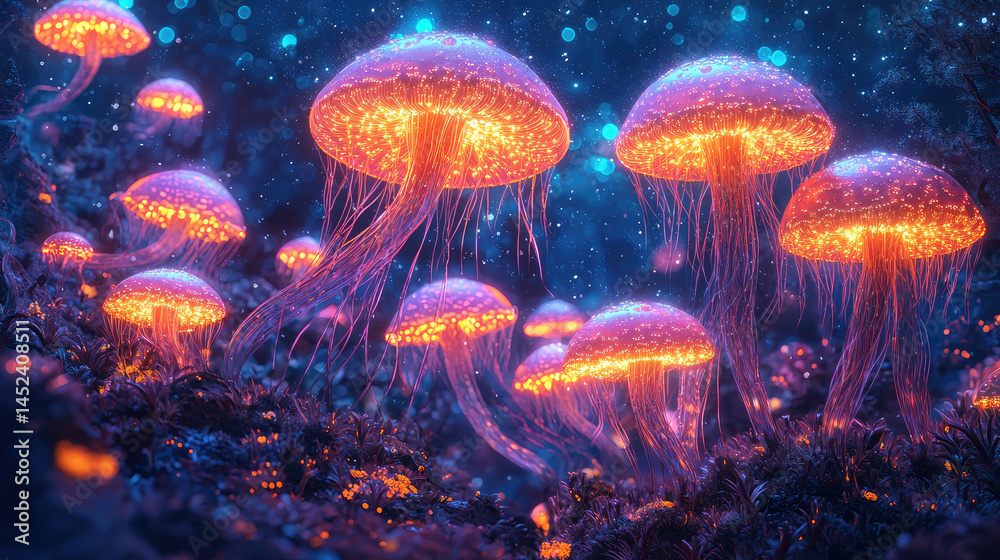 Glowing mushrooms in a mystical forest Glowing mushrooms in a mystical forest