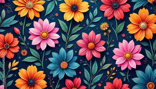 Intricate floral design with vibrant colors seamlessly repeats , nature, floral pattern, colorful