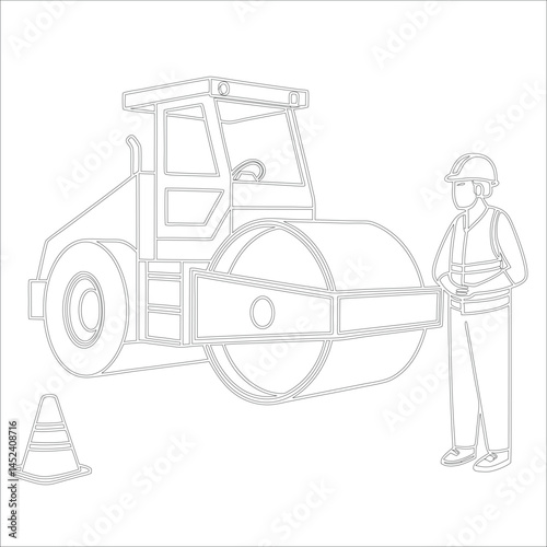 Female Asphalt Paver Operator Engineer in Hard Hat at Industrial Highway Construction Site Roadwork, Safety, Machinery, and Team Collaboration Line Art