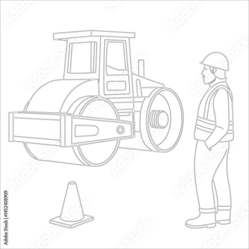 Female Asphalt Paver Operator Engineer in Hard Hat at Industrial Highway Construction Site Roadwork, Safety, Machinery, and Team Collaboration Line Art