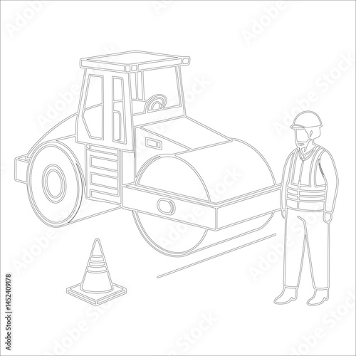 Female Asphalt Paver Operator Engineer in Hard Hat at Industrial Highway Construction Site Roadwork, Safety, Machinery, and Team Collaboration Line Art