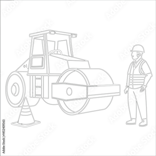 Female Asphalt Paver Operator Engineer in Hard Hat at Industrial Highway Construction Site Roadwork, Safety, Machinery, and Team Collaboration Line Art
