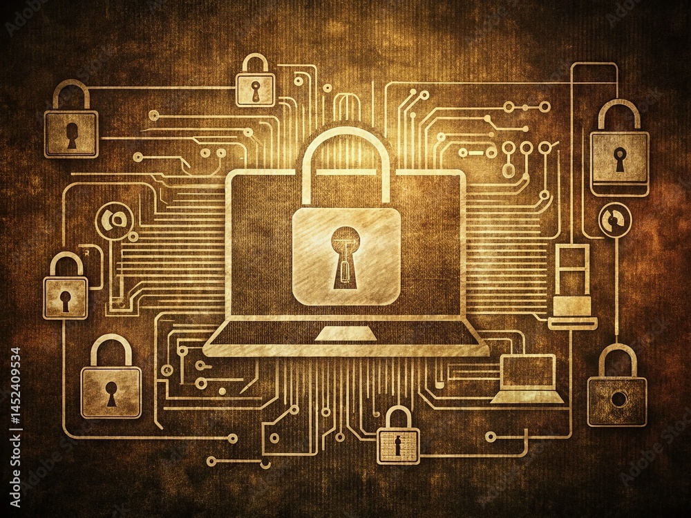 Vintage Hacker Attack: Retro Line Art Graphics of Cyber Security Threats