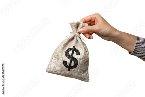 A close-up image of a hand holding a small burlap money bag with a black dollar sign ($) printed on it