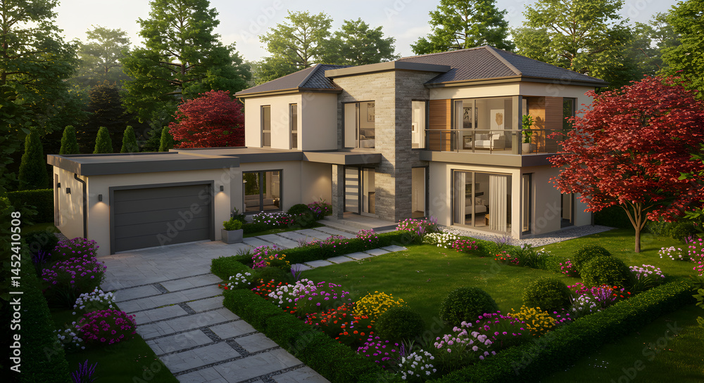 Fototapeta premium Luxury Contemporary Home With Beautifully Landscaped Garden and Trees