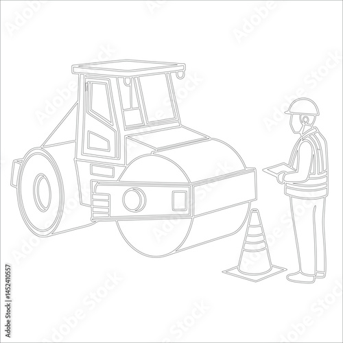 Female Asphalt Paver Operator Engineer in Hard Hat at Industrial Highway Construction Site Roadwork, Safety, Machinery, and Team Collaboration Line Art
