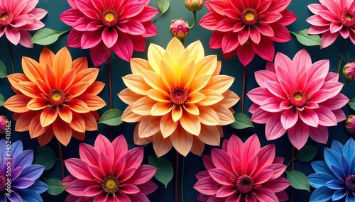 Intricate dahlia blooms, vibrant hues, repeating pattern, closeup, blossom