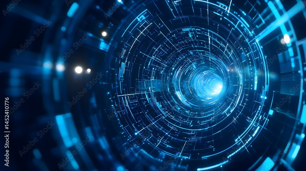 Obraz premium 3D render of a luminous, intricate blue tunnel filled with circuit-like patterns and bright light.