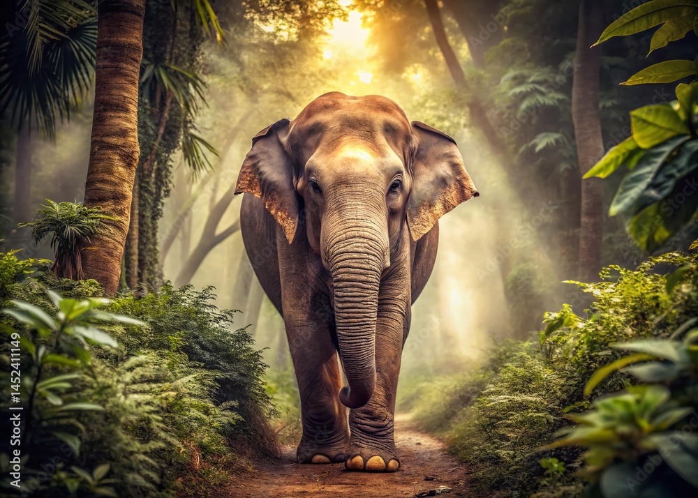 Fototapeta premium Vintage Photo: Majestic Asian Elephant Walking Through Lush Jungle