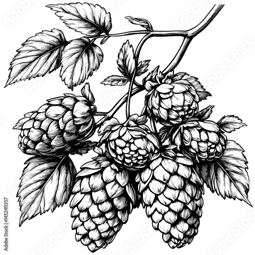 Vintage Beer Hops, black sketch, woodcut engraving style, trendy illustration, old hand drawn style, retro plant art, hop cone design, brewery artwork, ale ingredient, pub decor,