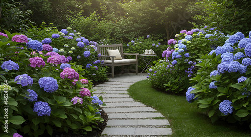 Fototapeta Naklejka Na Ścianę i Meble -  Inviting Garden Scene With Colorful Hydrangeas And Relaxing Bench