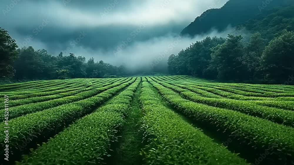 Lush Tea Fields Under Foggy Mountains at Dawn Lush Tea Fields Under Foggy Mountains at Dawn