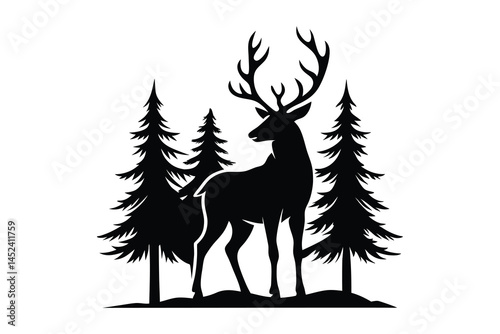 a deer with pine trees silhouette vector illustration on white background