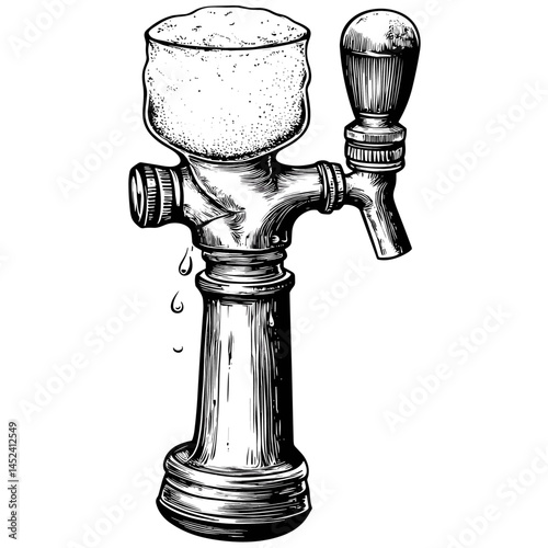 Vintage beer tap vector illustration, woodcut engraving style, old sketch, black line drawing, retro pub decor, bar tool, craft beer equipment, hand drawn brewery art, alcohol theme