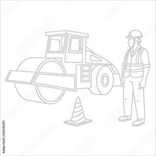 Female Asphalt Paver Operator Engineer in Hard Hat at Industrial Highway Construction Site Roadwork, Safety, Machinery, and Team Collaboration Line Art
