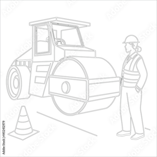 Female Asphalt Paver Operator Engineer in Hard Hat at Industrial Highway Construction Site Roadwork, Safety, Machinery, and Team Collaboration Line Art