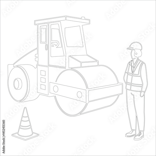 Female Asphalt Paver Operator Engineer in Hard Hat at Industrial Highway Construction Site Roadwork, Safety, Machinery, and Team Collaboration Line Art