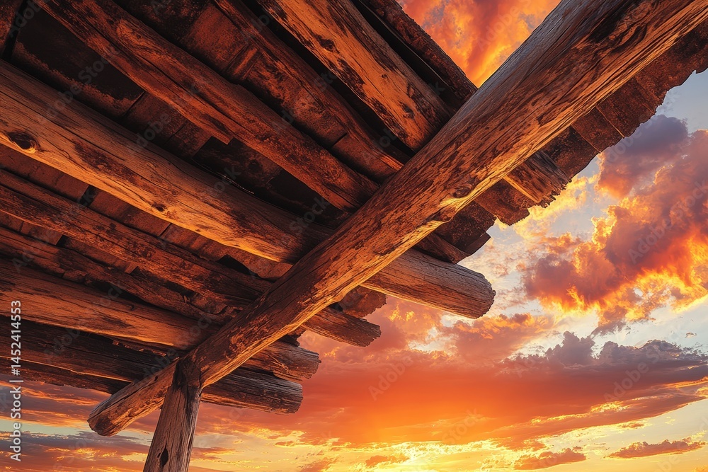 Obraz premium Wooden beams against a fiery sunset sky.