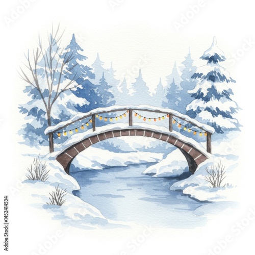 Winter Watercolor Painting of a Snowy Bridge with Lights
