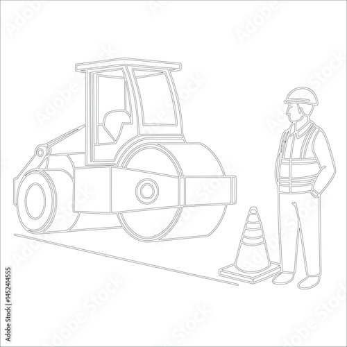 Female Asphalt Paver Operator Engineer in Hard Hat at Industrial Highway Construction Site Roadwork, Safety, Machinery, and Team Collaboration Line Art