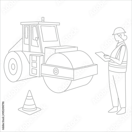 Female Asphalt Paver Operator Engineer in Hard Hat at Industrial Highway Construction Site Roadwork, Safety, Machinery, and Team Collaboration Line Art