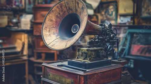 Vintage phonograph showcased amidst blurred antique furniture, evoking nostalgia