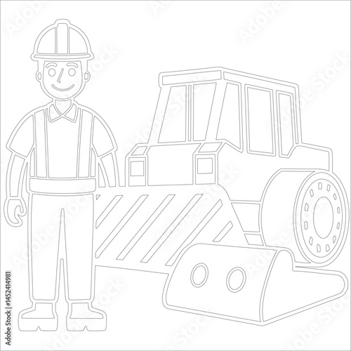 Female Asphalt Paver Operator Engineer in Hard Hat at Industrial Highway Construction Site Roadwork, Safety, Machinery, and Team Collaboration Line Art