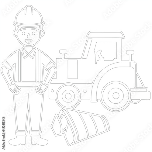 Female Asphalt Paver Operator Engineer in Hard Hat at Industrial Highway Construction Site Roadwork, Safety, Machinery, and Team Collaboration Line Art