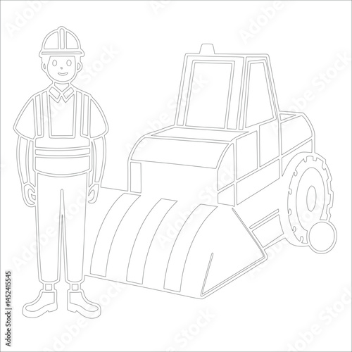 Female Asphalt Paver Operator Engineer in Hard Hat at Industrial Highway Construction Site Roadwork, Safety, Machinery, and Team Collaboration Line Art