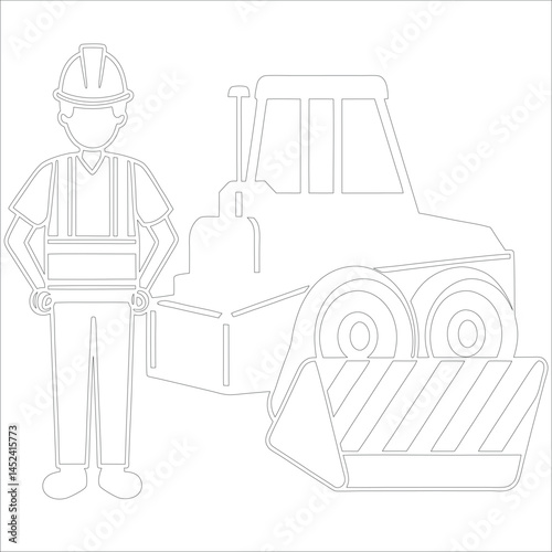 Female Asphalt Paver Operator Engineer in Hard Hat at Industrial Highway Construction Site Roadwork, Safety, Machinery, and Team Collaboration Line Art
